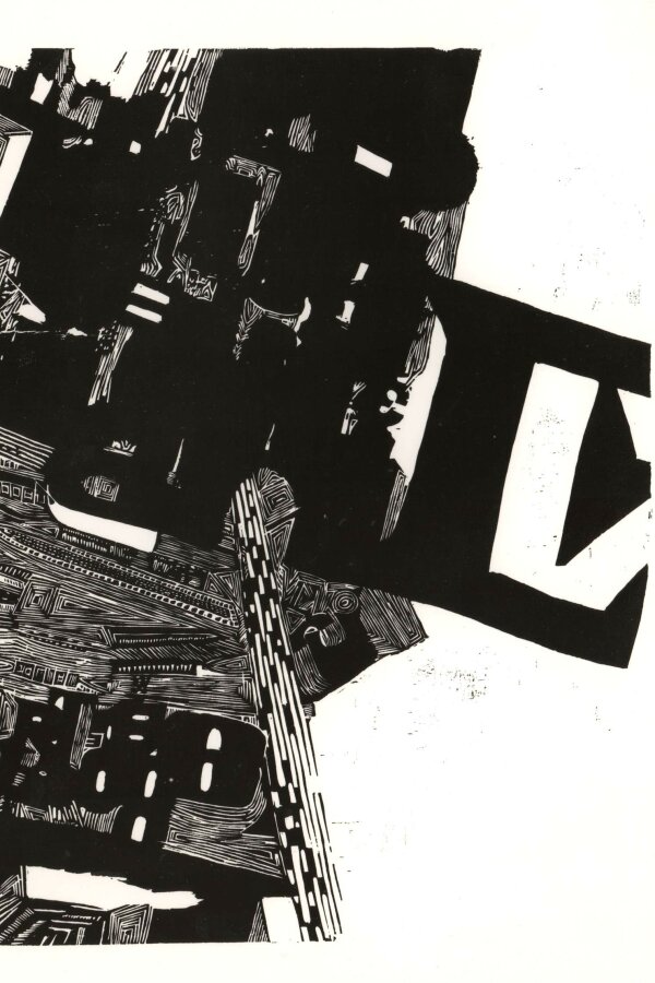 Jiří Hadlač, Zpráva o velikém městě, 1965, dřevoryt